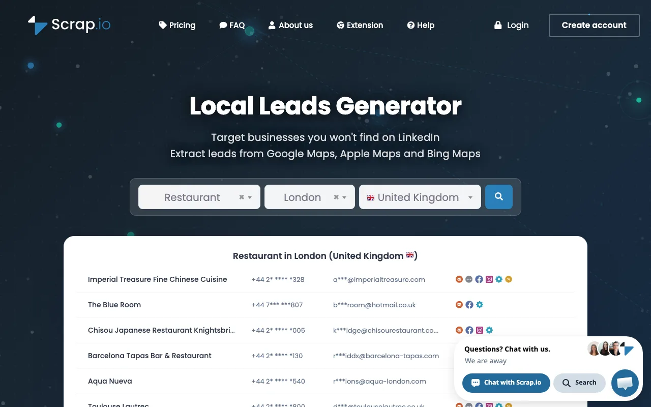 Scrap.io Google Maps scraping tool screenshot